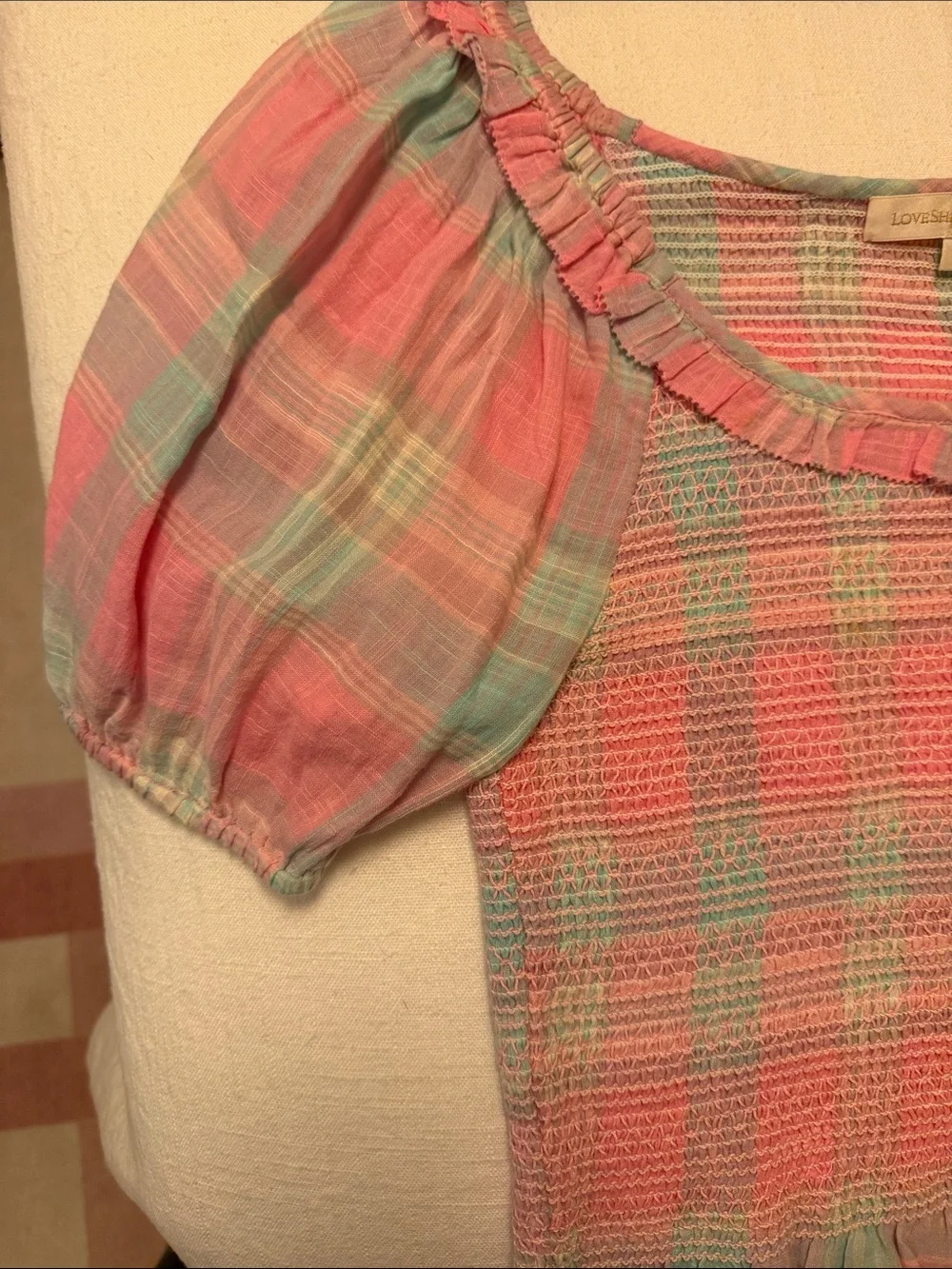 LoveShackFancy Pink and Light Blue Smocked Ruffle Top